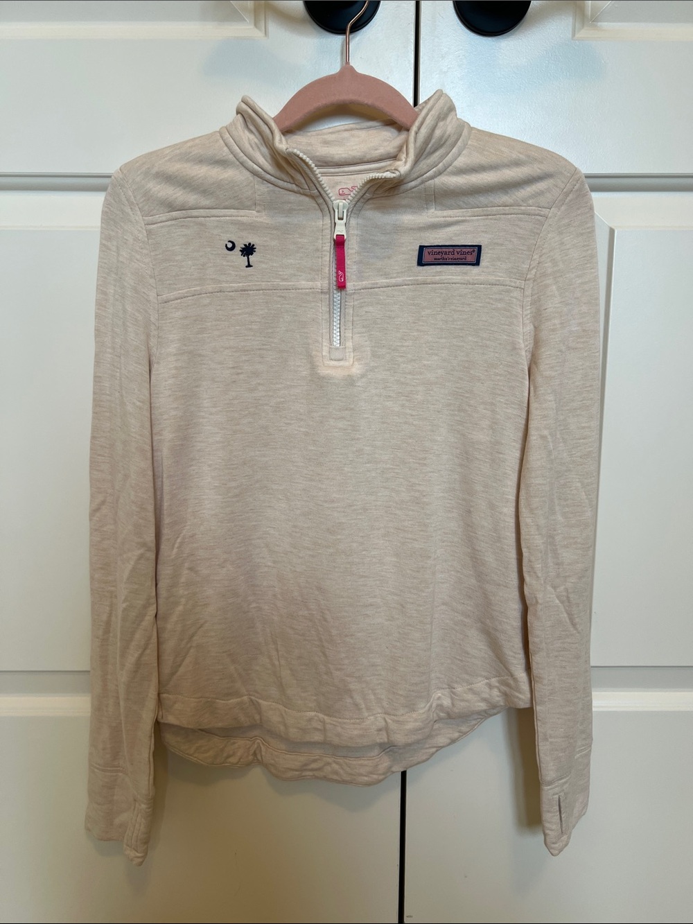 Vineyard Vines Cream Quarter-Zip Pullover with Pink Zip Tab